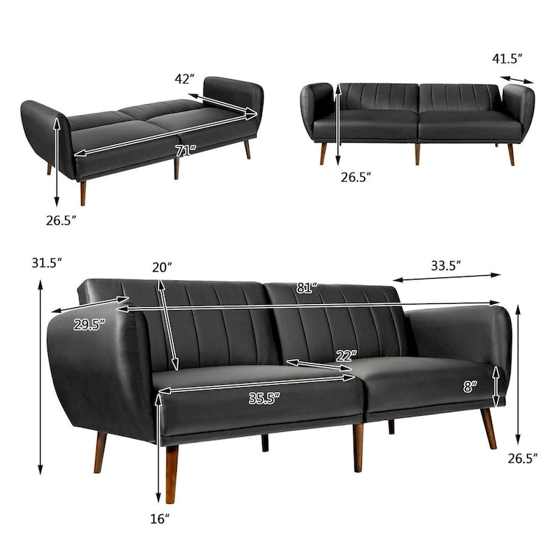 Divano Letto Futon Convertibile in Pelle PU, Divano Letto Regolabile con Gambe in Legno - 81 x 33,5 x 31,5 (L x P x A)