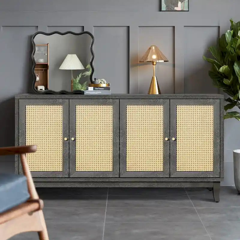 Mobile Buffet Credenza in Rattan con Pannelli a Grana Pregiata Lavorati a Mano e 4 Ante in Rattan