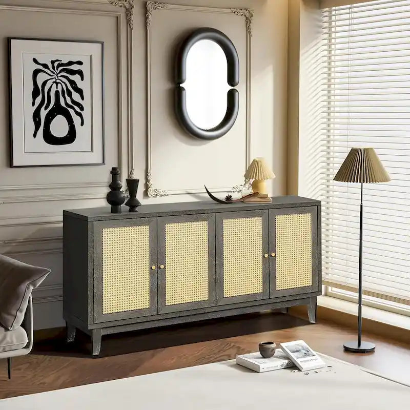 Mobile Buffet Credenza in Rattan con Pannelli a Grana Pregiata Lavorati a Mano e 4 Ante in Rattan