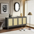 Mobile Buffet Credenza in Rattan con Pannelli a Grana Pregiata Lavorati a Mano e 4 Ante in Rattan