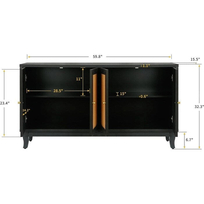 Mobile Buffet Credenza in Rattan con Pannelli a Grana Pregiata Lavorati a Mano e 4 Ante in Rattan