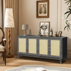 Mobile Buffet Credenza in Rattan con Pannelli a Grana Pregiata Lavorati a Mano e 4 Ante in Rattan