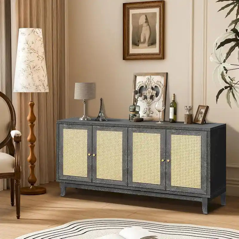 Mobile Buffet Credenza in Rattan con Pannelli a Grana Pregiata Lavorati a Mano e 4 Ante in Rattan