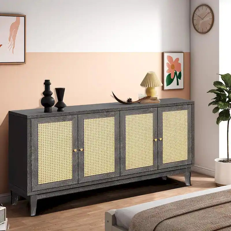 Mobile Buffet Credenza in Rattan con Pannelli a Grana Pregiata Lavorati a Mano e 4 Ante in Rattan