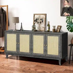 Mobile Buffet Credenza in Rattan con Pannelli a Grana Pregiata Lavorati a Mano e 4 Ante in Rattan