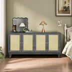 Mobile Buffet Credenza in Rattan con Pannelli a Grana Pregiata Lavorati a Mano e 4 Ante in Rattan