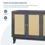 Mobile Buffet Credenza in Rattan con Pannelli a Grana Pregiata Lavorati a Mano e 4 Ante in Rattan