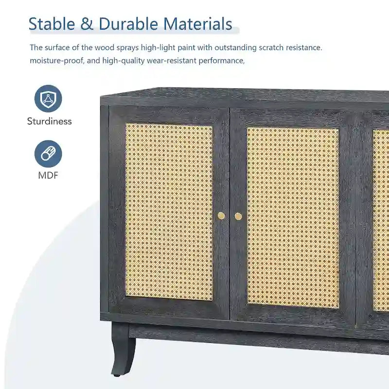 Mobile Buffet Credenza in Rattan con Pannelli a Grana Pregiata Lavorati a Mano e 4 Ante in Rattan