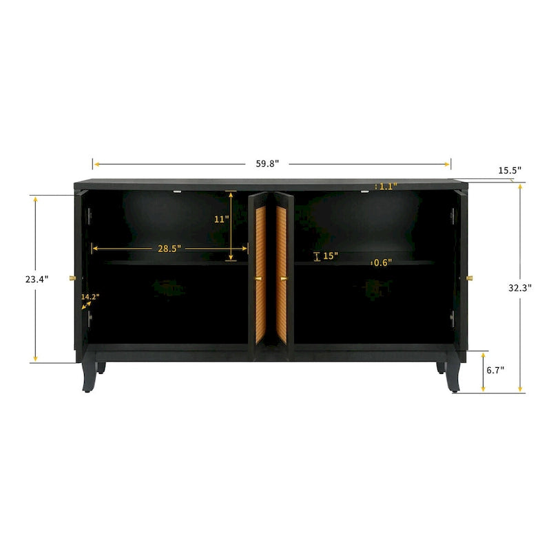 Mobile Buffet Credenza in Rattan con Pannelli a Grana Pregiata Lavorati a Mano e 4 Ante in Rattan