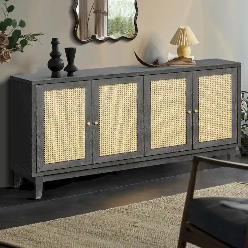 Mobile Buffet Credenza in Rattan con Pannelli a Grana Pregiata Lavorati a Mano e 4 Ante in Rattan