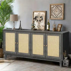 Mobile Buffet Credenza in Rattan con Pannelli a Grana Pregiata Lavorati a Mano e 4 Ante in Rattan