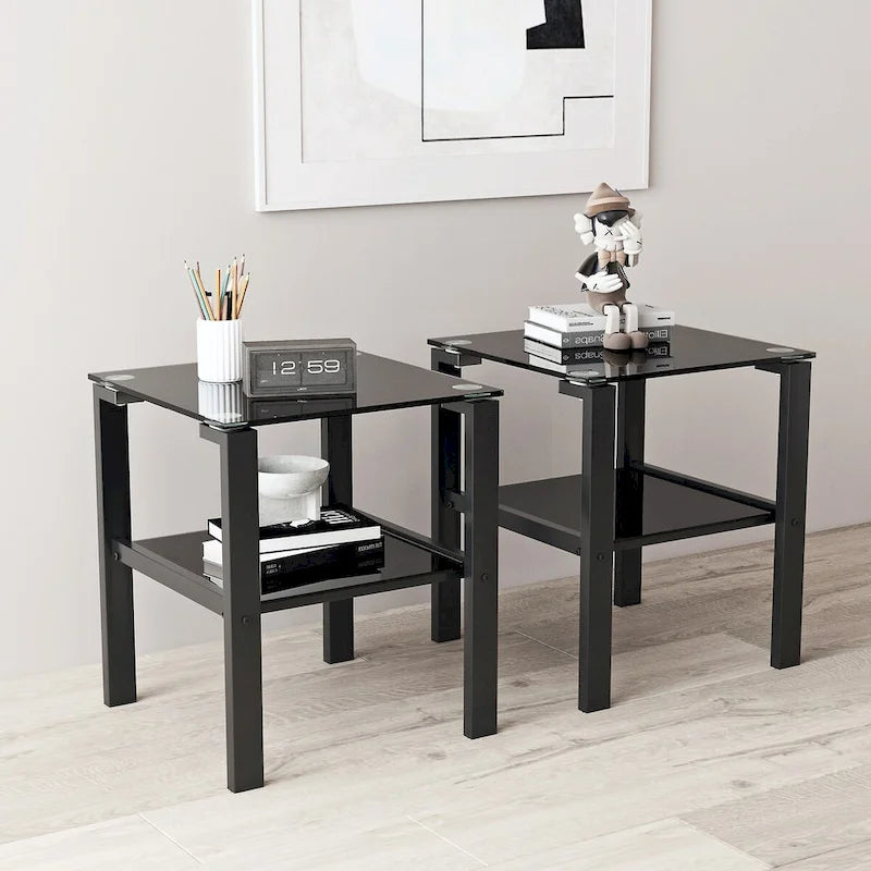 Set di 2, tavolino da tè in vetro a due strati, tavolino rotondo piccolo, tavolino da angolo per camera da letto, tavolino laterale da soggiorno, nero