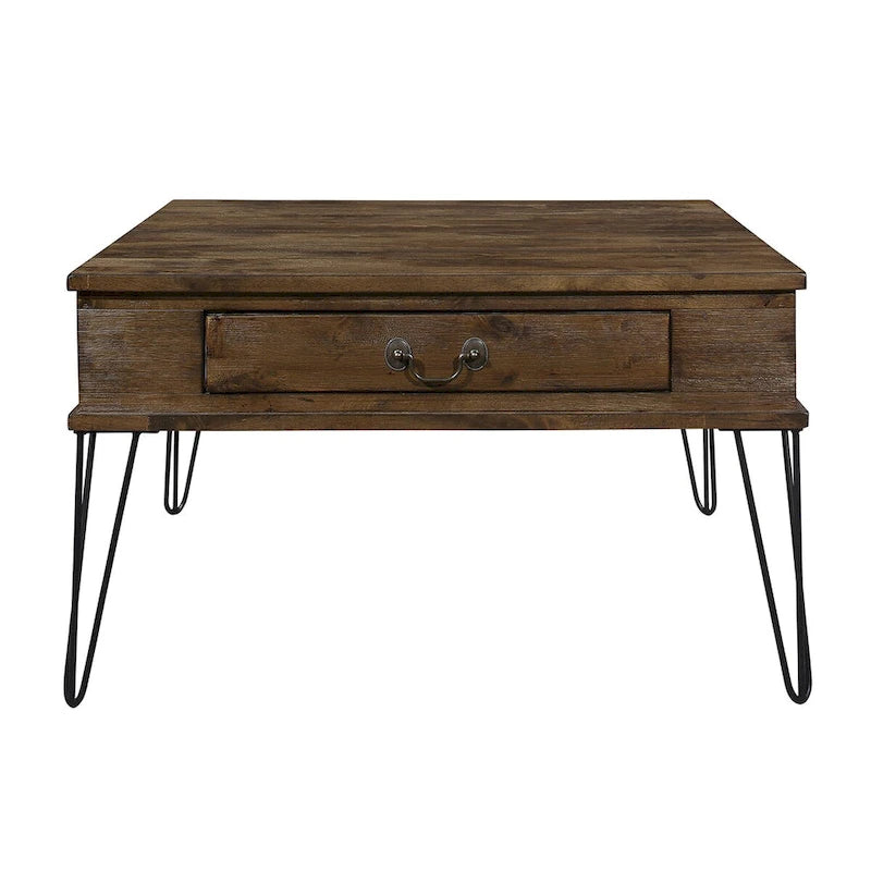 Tavolino quadrato da cocktail, 32 pollici, 2 cassetti, legno marrone, nero