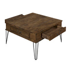 Tavolino quadrato da cocktail, 32 pollici, 2 cassetti, legno marrone, nero
