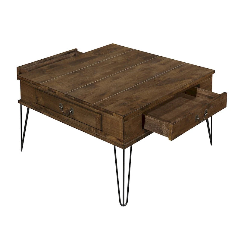 Tavolino quadrato da cocktail, 32 pollici, 2 cassetti, legno marrone, nero