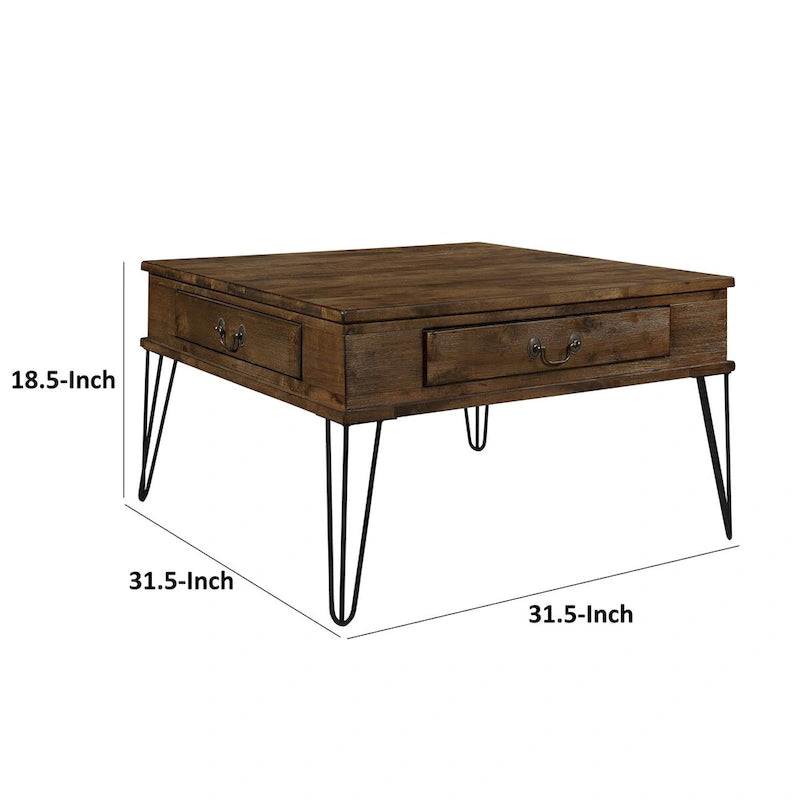 Tavolino quadrato da cocktail, 32 pollici, 2 cassetti, legno marrone, nero