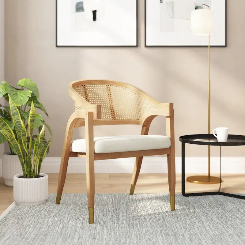 Sedia da pranzo in rattan intrecciato con schienale in canna e seduta imbottita