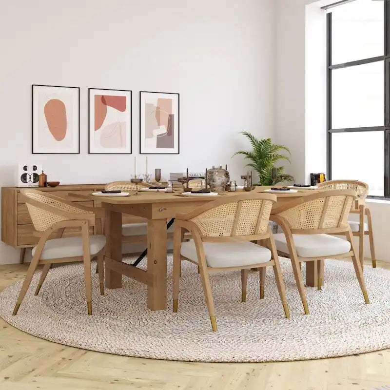 Sedia da pranzo in rattan intrecciato con schienale in canna e seduta imbottita