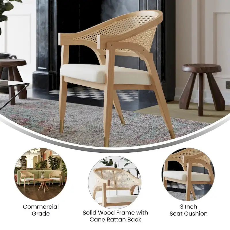 Sedia da pranzo in rattan intrecciato con schienale in canna e seduta imbottita