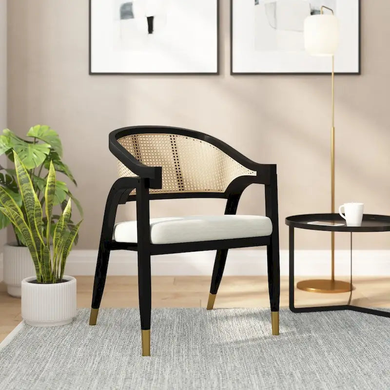 Sedia da pranzo in rattan intrecciato con schienale in canna e seduta imbottita