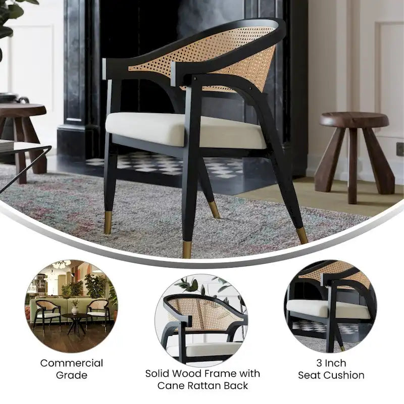 Sedia da pranzo in rattan intrecciato con schienale in canna e seduta imbottita