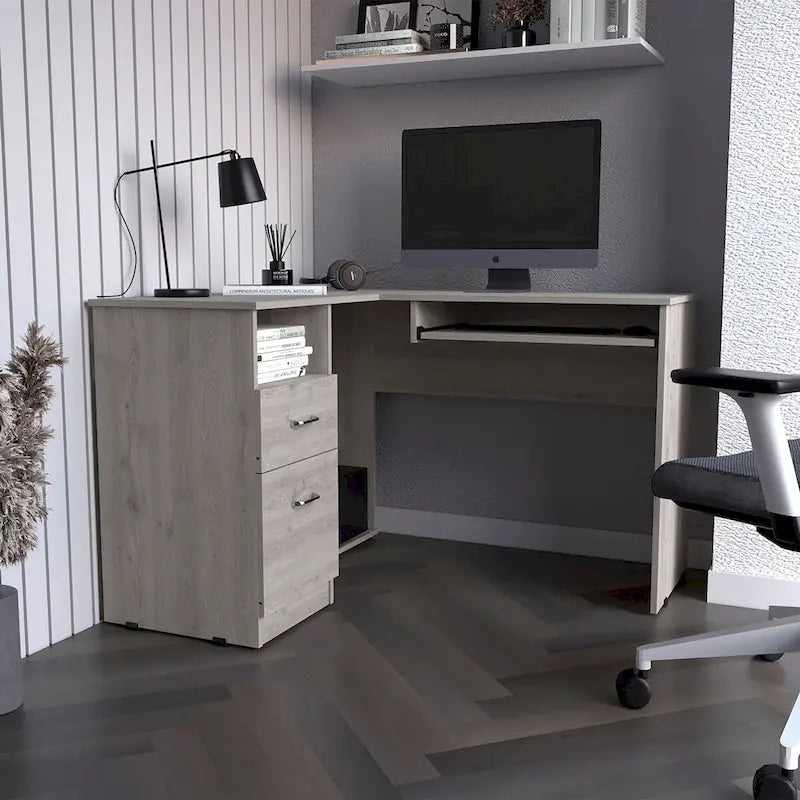 Scrivania a L con ripiano estraibile per tastiera, finitura rovere fumé, alta qualità e resistente