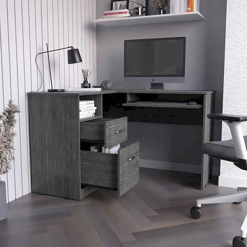 Scrivania a L con ripiano estraibile per tastiera, finitura rovere fumé, alta qualità e resistente
