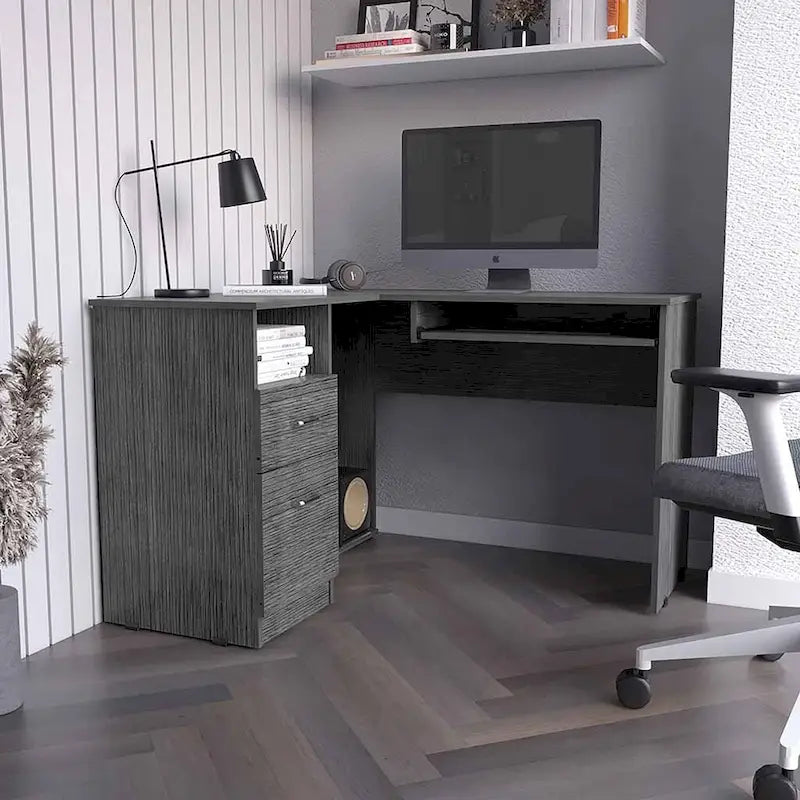 Scrivania a L con ripiano estraibile per tastiera, finitura rovere fumé, alta qualità e resistente