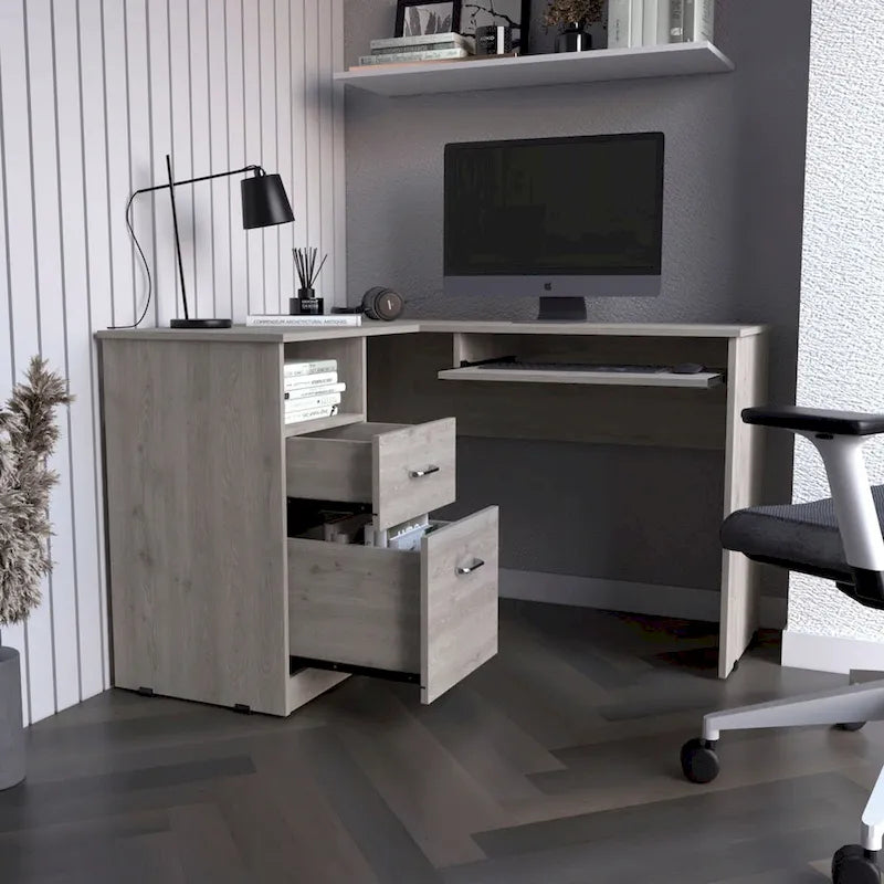 Scrivania a L con ripiano estraibile per tastiera, finitura rovere fumé, alta qualità e resistente