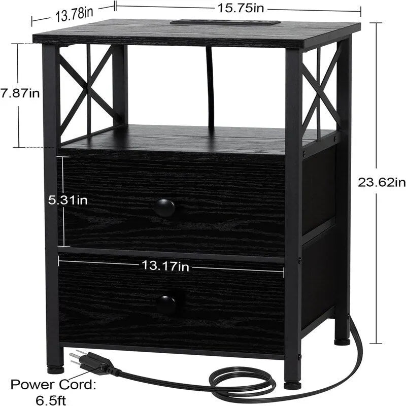 Comodino nero con stazione di ricarica - 15,7P x 13,8L x 23,8A